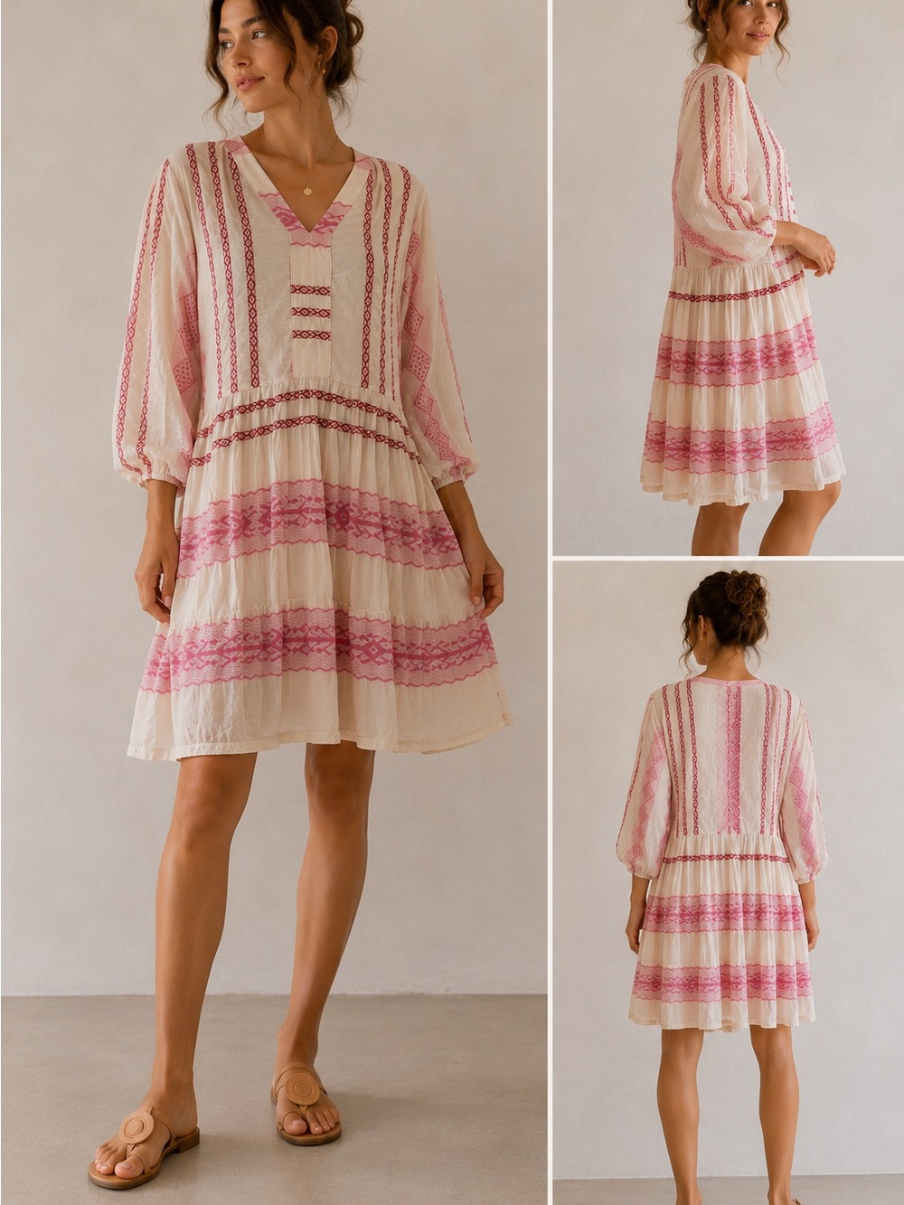 Flowers For Friends Embroidered Mini Dress XS Pink Cream Cottagecore Boho